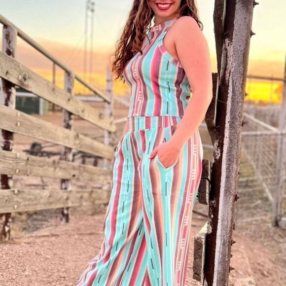 Western Serape Striped Print Razor Back Rodeo Ready Boho Sleeveless Top - Picture 4 of 7